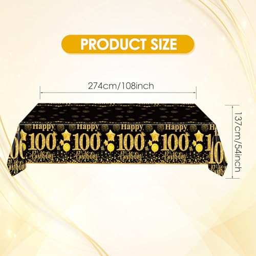 100th Birthday Tablecloth Set - 3 Black & Gold Covers for Party