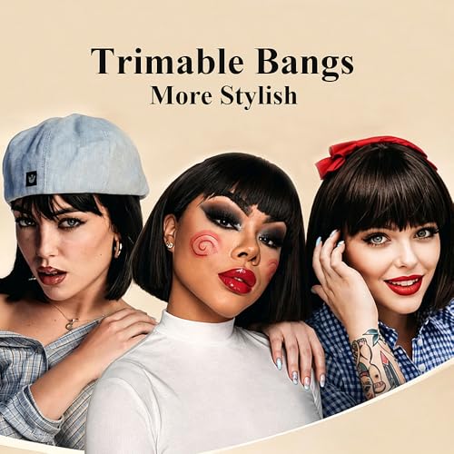 Black 12 Inch Synthetic Bob Wig with Bangs for Women - Nereyda