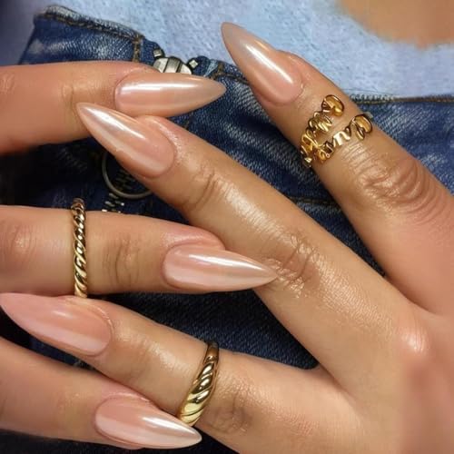 Nude Chrome Press on Nails - Almond Shape, 30 Pcs Reusable