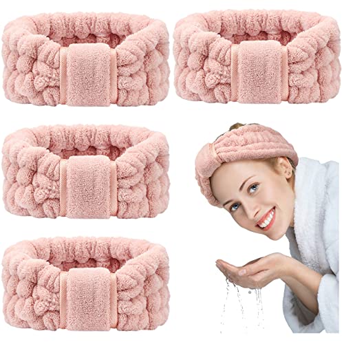 WILLBOND Spa Headband for Washing Face - Pink (4 Pack), Microfiber Terry Cloth Facial Headbands