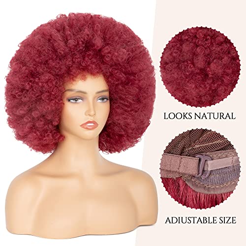Aminow Burgundy Wine Red 70's Afro Wig for Women - Short Curly Synthetic Costume Hair with Bangs, Glueless & Fluffy for Cosplay & Parties