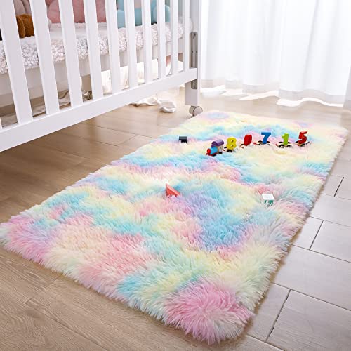 Noahas Rainbow Fluffy Soft Runner Rug - Non-Slip Kids Bedroom