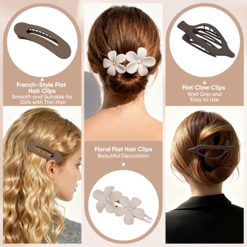 10-Pack Flat Hair Clips for Women - Matte Claw & Flower Hairpins Set