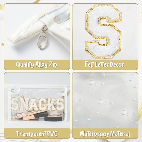 SNACKS Clear Makeup Bag, White Chenille Varsity Letter Travel Pouch