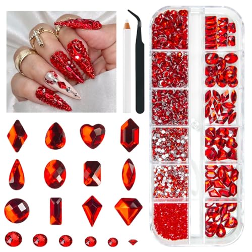 2052Pcs Ruby Red Nail Art Rhinestones with Tools - K9 Glass Gems