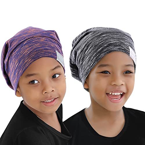 ELIHAIR Adjustable Satin Beanie Sleep Cap for Kids - Rose Violet & Grey Pale