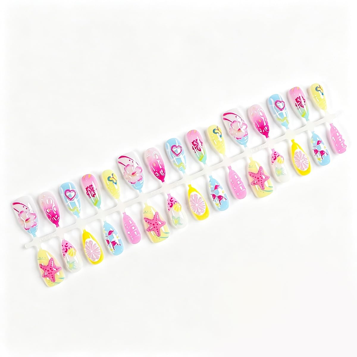 3D Handmade Press-On Nails - Summer Starfish & Flower Design | Medium Almond Full Cover Set