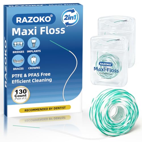 RAZOKO 2-in-1 Waxed Threader Dental Floss for Braces, 65 Count (Pack of 2) Unflavored