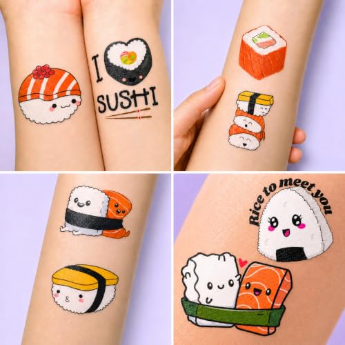96 PCS Sushi Temporary Tattoos - Kids & Adults Water-Resistant Japanese Sushi Stickers