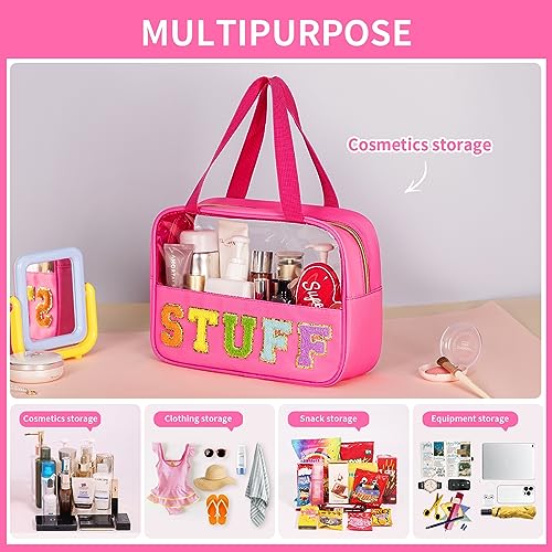 Eurovicky Vibrant Rosered Chenille Letter Patch Clear Makeup Bag - Spacious & Waterproof