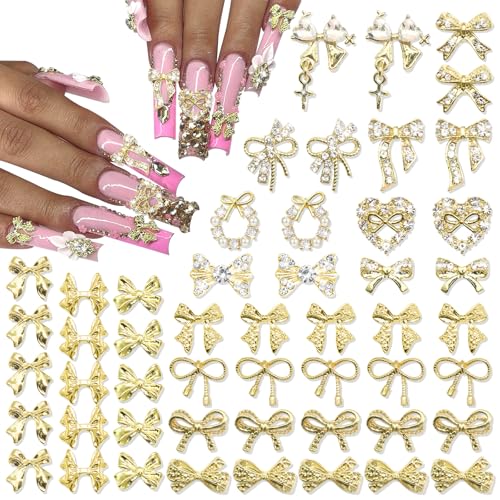 RODAKY 58PCS Gold Crystal Bow Nail Charms for Nail Art & Decor