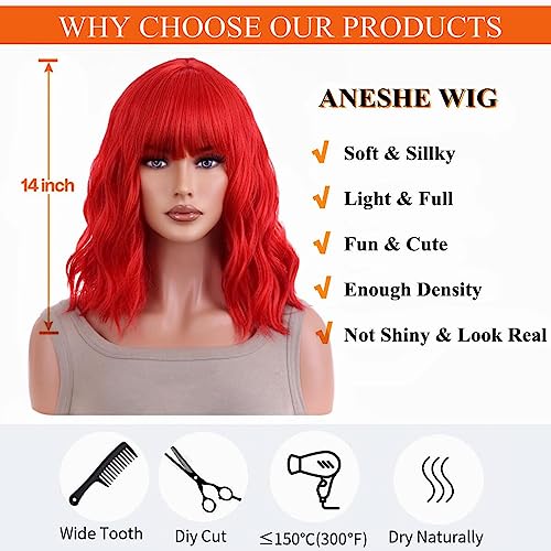 ANESHE Red Short Curly Wig with Bangs for Women - Wavy Bob Style, Shoulder Length, Heat-Resistant Synthetic Fiber, Daily & Party Use