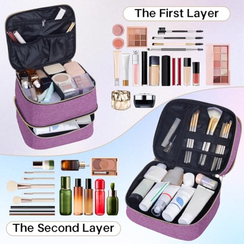 TANPADUAJI Double Layer Makeup Bag with Adjustable Dividers - Purple