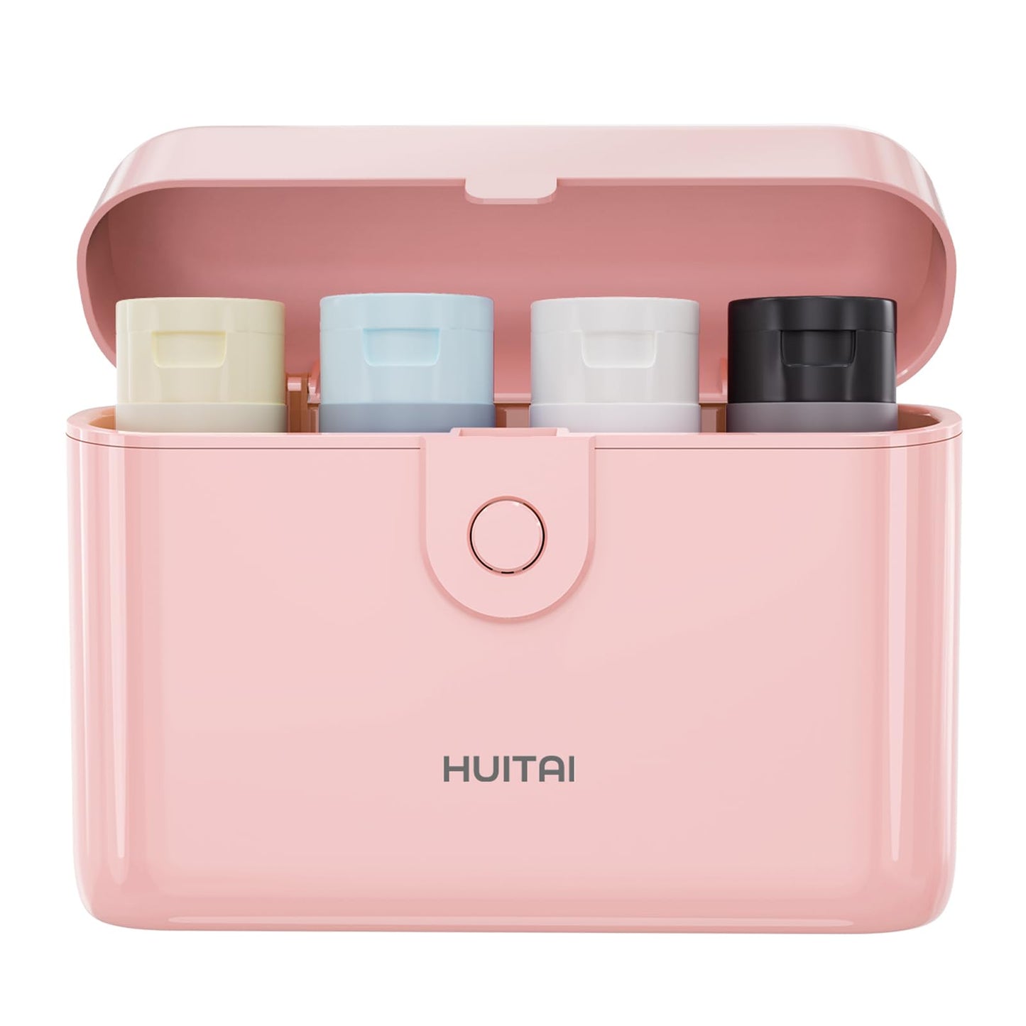 HUITAI Travel Bottles with Case, 4x2oz TSA Approved, Leak-Proof, Press to Unlock, Compact & Portable Travel Toiletries (Pink)