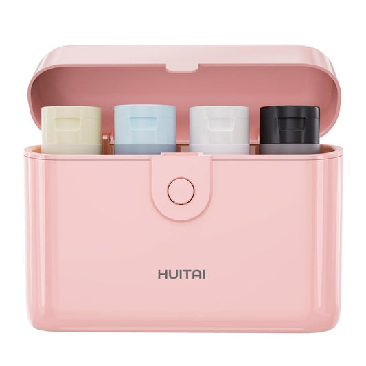 HUITAI Travel Bottles with Case, 4x2oz TSA Approved, Leak-Proof, Press to Unlock, Compact & Portable Travel Toiletries (Pink)