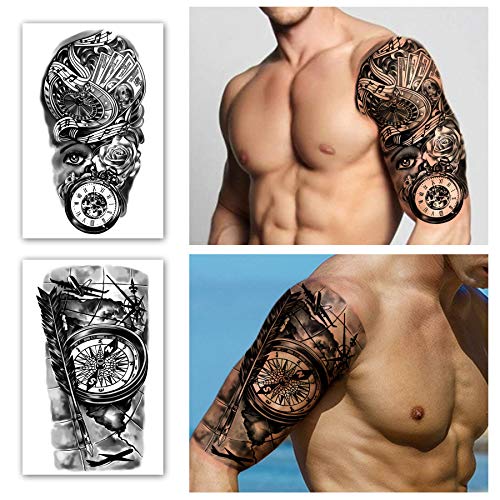 Green Waterproof Full Arm Temporary Tattoos - 16 Sheets for Men & Women