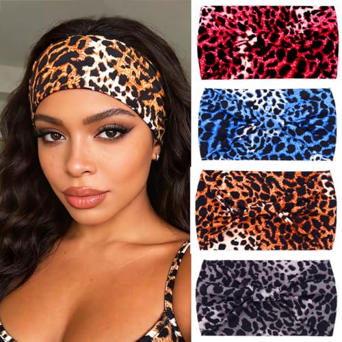 Urieo Leopard Print Wide Headbands for Women - Stretchy Knotted Turban (4-Pack)