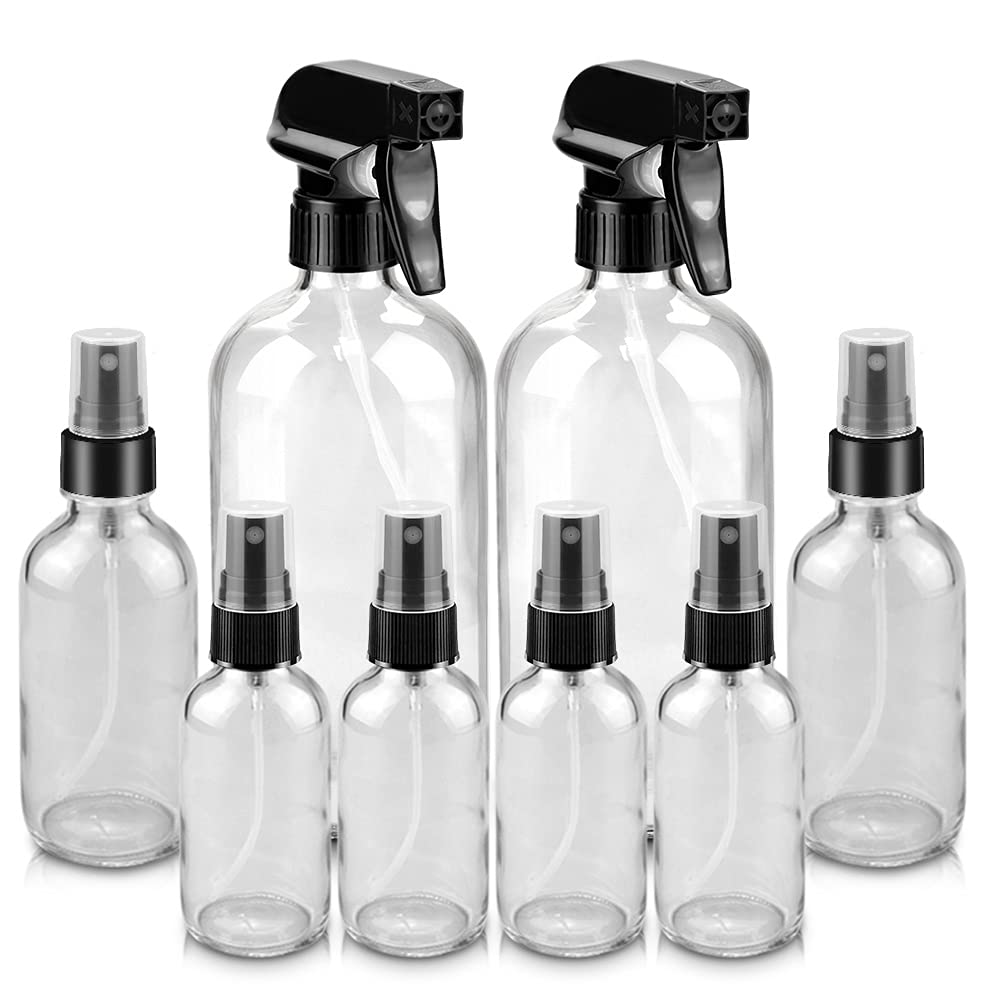Glass Spray Bottles Set - 16oz & 4oz Refillable Containers with Adjustable Nozzle for Cleaning, Gardening, Aromatherapy | Amber