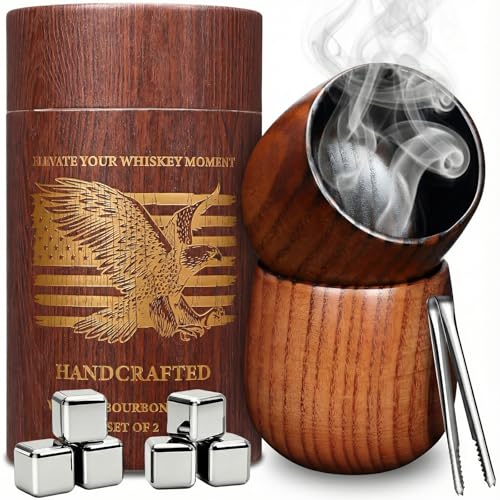 Handcrafted Wooden Bourbon Glass Set with Stainless Steel Ice Cubes