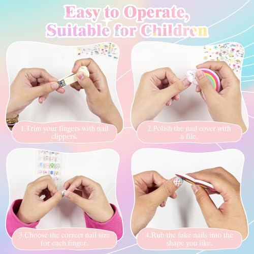CUXFLS Style 6 Kids Press-On Nails Set - 120 Colorful Glitter Fake Nail Tips with Pre-Glue for Children