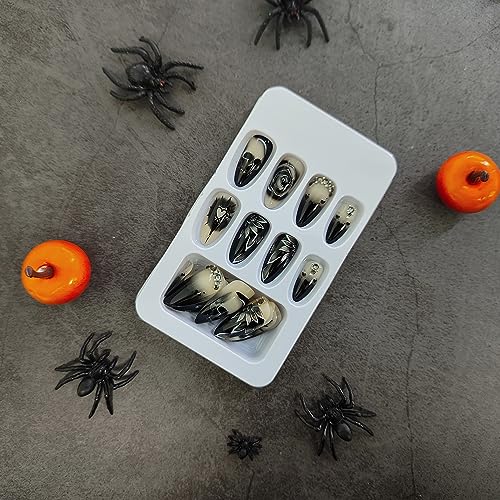 Halloween Black Almond Press On Nails with Skull & Rose Design, Glossy Acrylic Fake Nails, 24 Pack