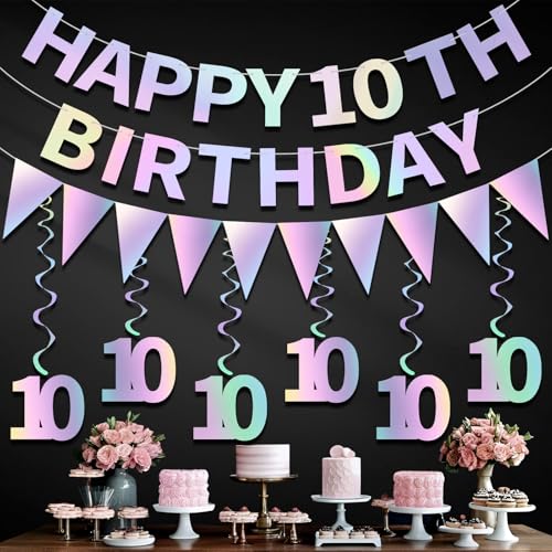 Iridescent 10th Birthday Decorations Kit - Happy 10th Banner & Swirls