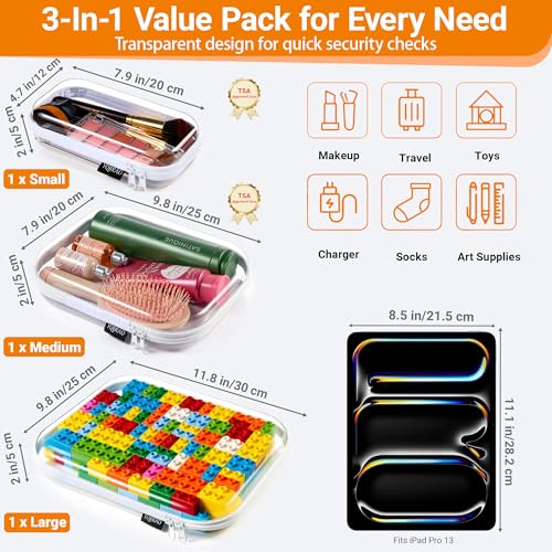 YQBRAO Clear Hard Shell Organizer Cases, 3-Pack (Large, Medium, Small)