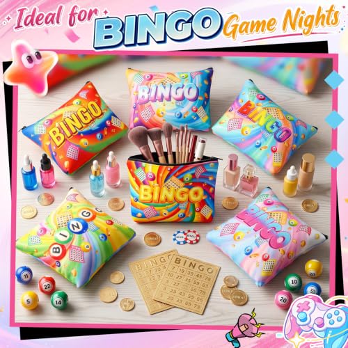 6 Pcs Bingo Makeup Bags - Cotton Zipper Travel Cosmetic Pouches for Game Night