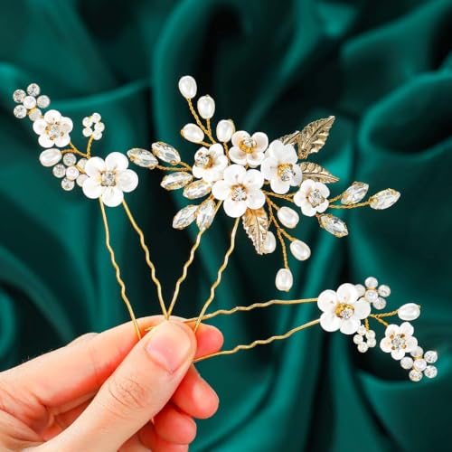 GORAIS Gold Bridal Pearl Flower Hair Pins B-Gold Set for Weddings & Brides