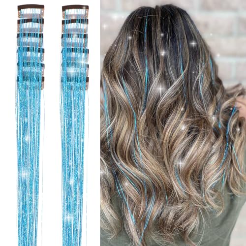 MISSUHUI 12 Pcs Clip-In Hair Tinsel Extensions 23.6 Inch Lake Blue Sparkling Hair Accessories