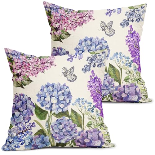 Floral Pillow Covers 18x18 Inch Set of 2 - Purple Blue Butterfly Design