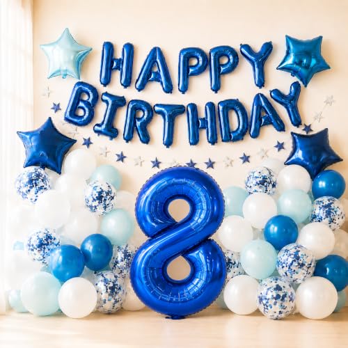 80PCS Blue Birthday Balloon Set with Number 8 & Decorations