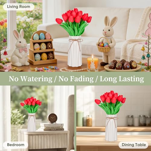 13" Red Artificial Tulips - Realistic Faux Flowers for Home Decor