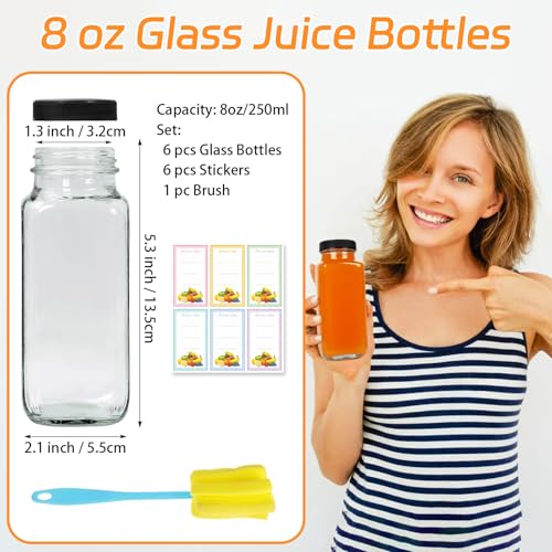 8oz Glass Juice Bottles with Lids - 6 Pack Reusable Drink Containers
