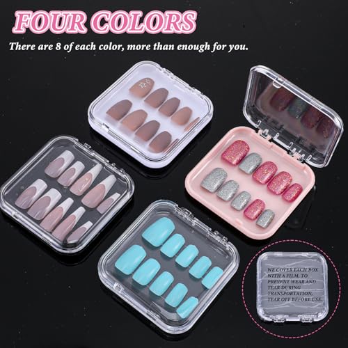 Tolare 4-Color 32-Pack Press On Nail Storage Boxes with 60 Double-Sided Adhesive Tapes