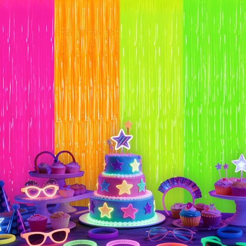 Glow in The Dark Tinsel Curtains - 4 Pack Neon Party Backdrop 3.3 x 6.6 Ft