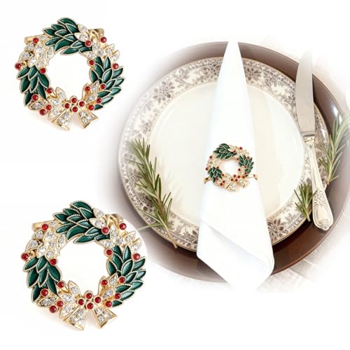 Christmas Wreath Napkin Rings Set of 8 - Gold Alloy & Enamel