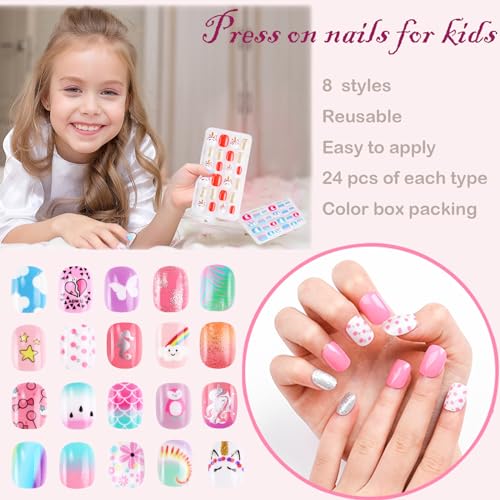 Jsiallye 192Pc short Press on Nails for Kids,8 Packs Children Stick