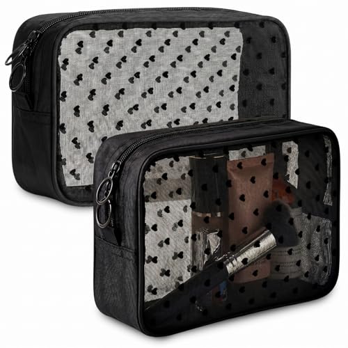 2 Pack Black Heart Mesh Makeup & Toiletry Bags - Large Travel Organizer