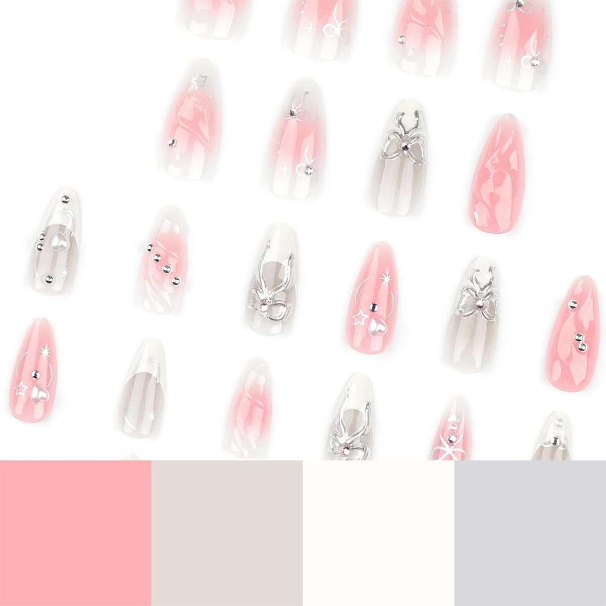 Press On Nails - Medium Almond Gradient Pink & White with Silver Bow | Reusable 3D Rhinestone Design, 24 Pcs for Weddings & Parties