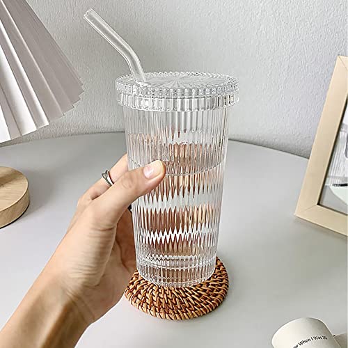 YAHUIPEIUS 12.5 oz Stripe Glass Tumbler with Lid & Straw