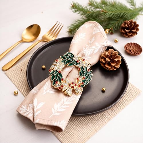 Christmas Wreath Napkin Rings Set of 8 - Gold Alloy & Enamel