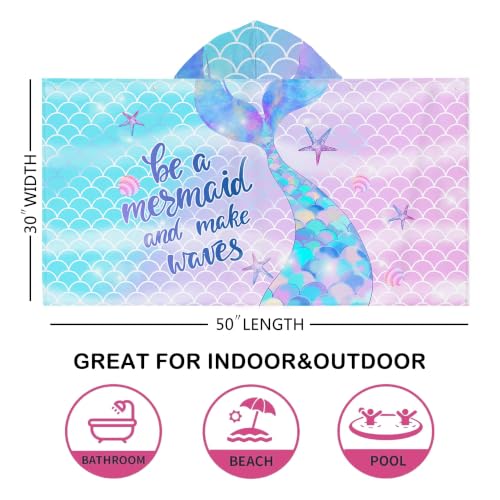 Kids Mermaid Hooded Beach Towel - Quick Dry Microfiber, 30"x50"