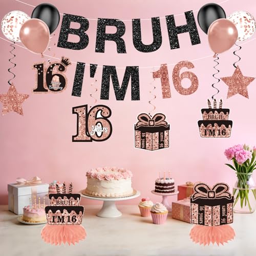 Rose Gold & Black 16th Birthday Decoration Kit - 15 Pcs