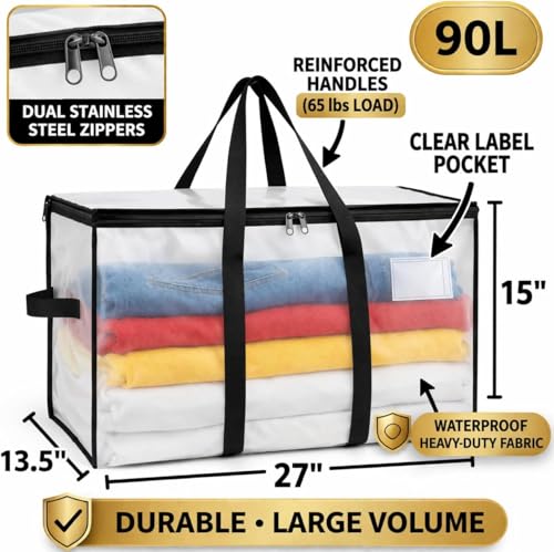 Extra Large 90L Comforter Storage Bags with Zipper & Handles