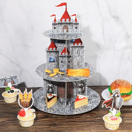 3-Tier Medieval Castle Cupcake Stand with 24 Knight Cake Toppers