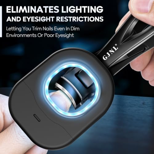 GJNL LED Nail Clippers for Men & Women - Black, Heavy-Duty, Wide-Opening, with Light