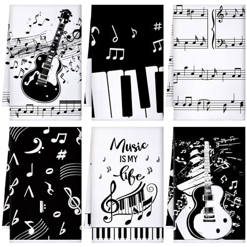 6 Pack Absorbent Music Note Kitchen Towels - Microfiber Hand Cloths