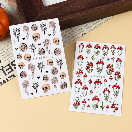 GCSQW Ghost Mushroom 6 Sheets Halloween Nail Stickers – 3D Skull, Butterfly & Rose Nail Decals
