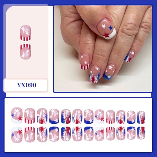 MINGCHUN 4th of July Short Square Blue & White French Press-On Nails with Star Design, 24Pcs - Model A28